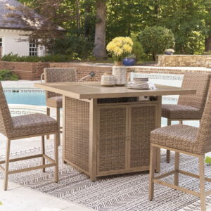 Walton Bridge - Driftwood - 5 Pc. - Square Bar Table W/Fire Pit, 4 Barstools