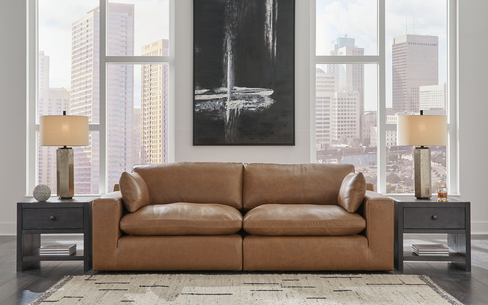 Emilia - 3 Pc. - 2-Piece Sectional Loveseat, Ottoman - Caramel - Image 3