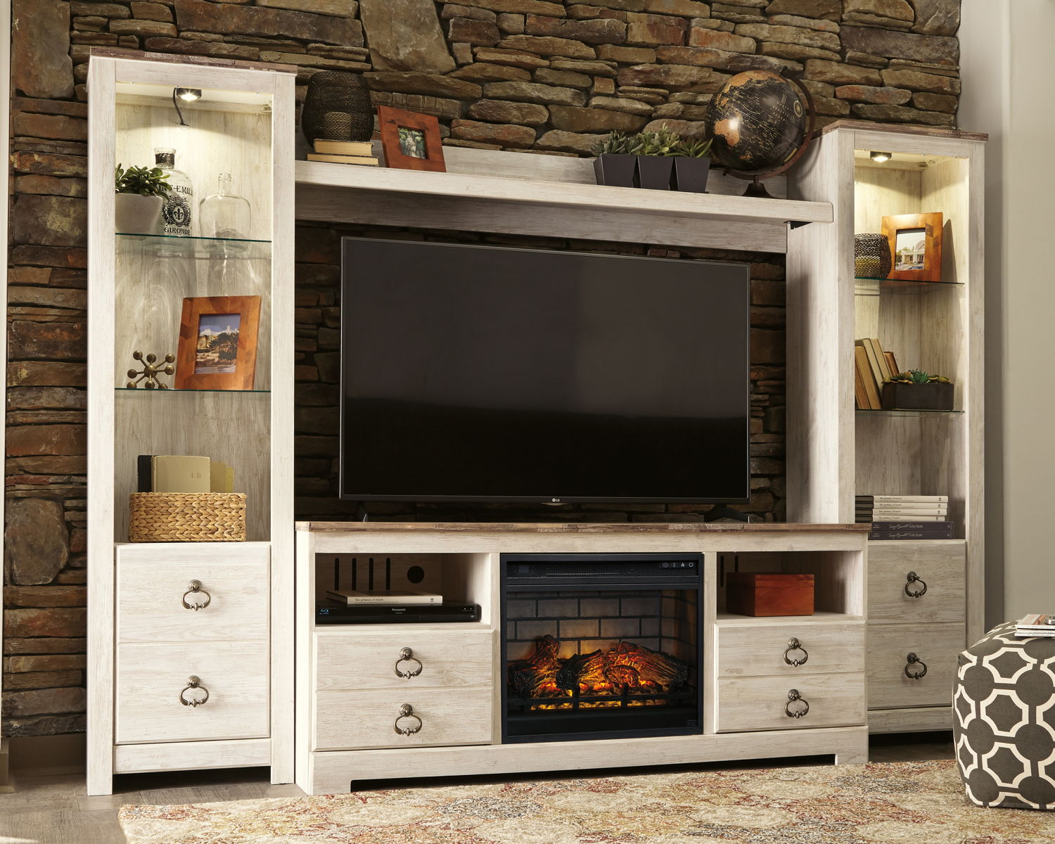 Willowton - Entertainment Center - TV Stand With Faux Firebrick Fireplace Insert - Whitewash - Image 2