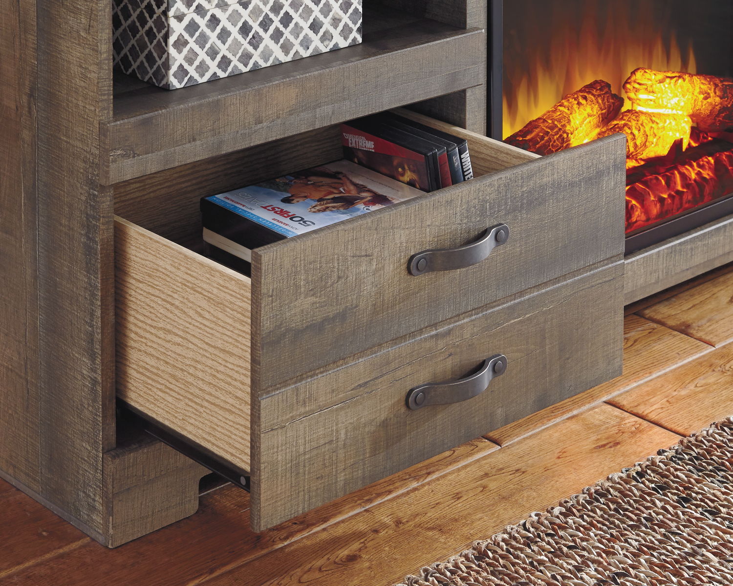 Trinell - 63" TV Stand With Glass/Stone Fireplace Insert - Brown - Image 4