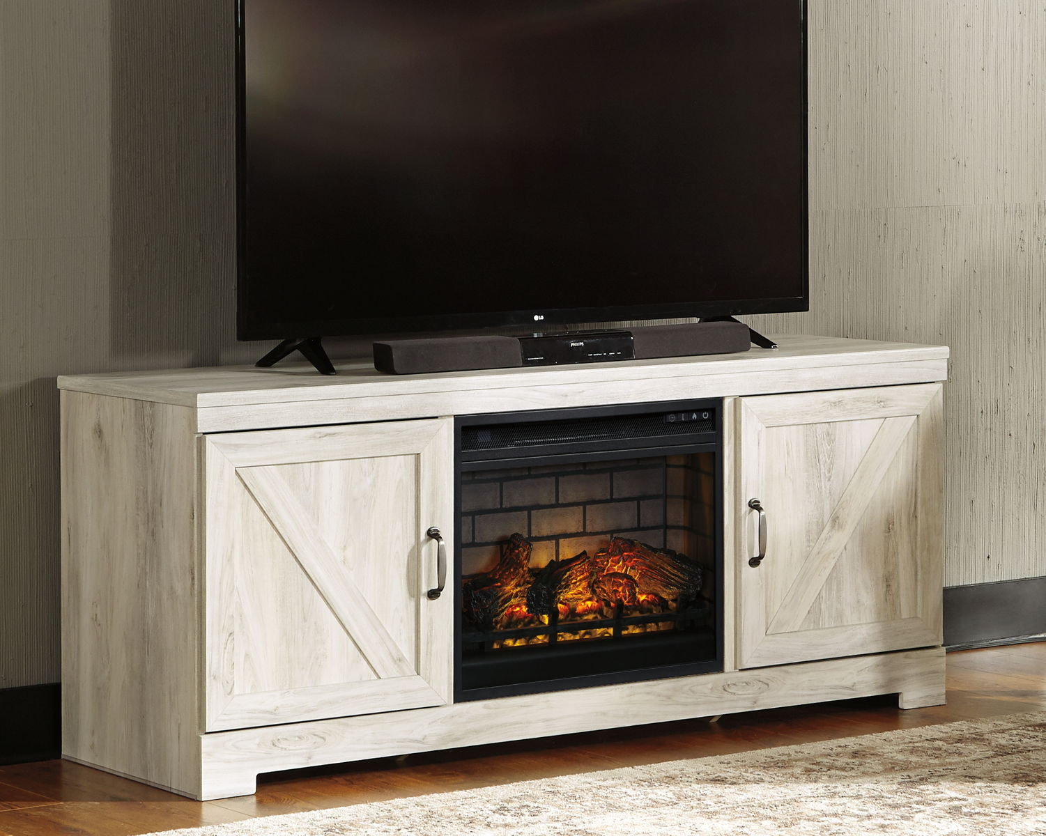 Bellaby - 63" TV Stand With Faux Firebrick Fireplace Insert - Whitewash - Image 4