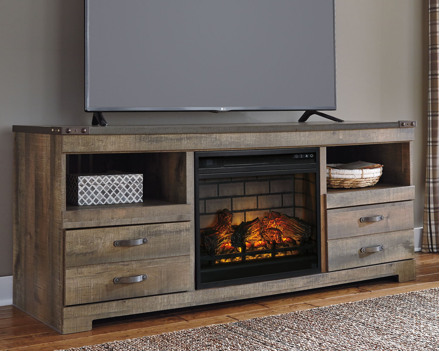 Trinell - 63" TV Stand With Glass/Stone Fireplace Insert - Brown - Image 3