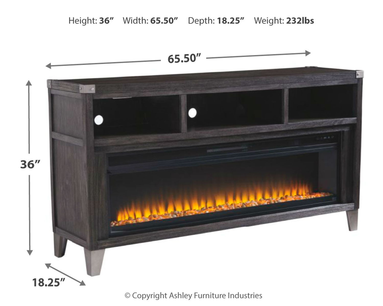 Todoe - 2 Pc. - 65" TV Stand With Wide Fireplace Insert - Gray - Image 3