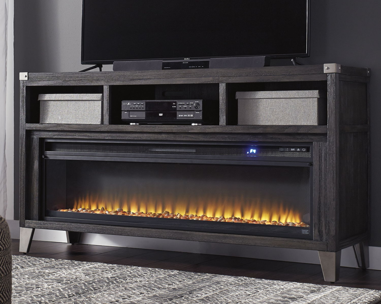 Todoe - 2 Pc. - 65" TV Stand With Wide Fireplace Insert - Gray - Image 2