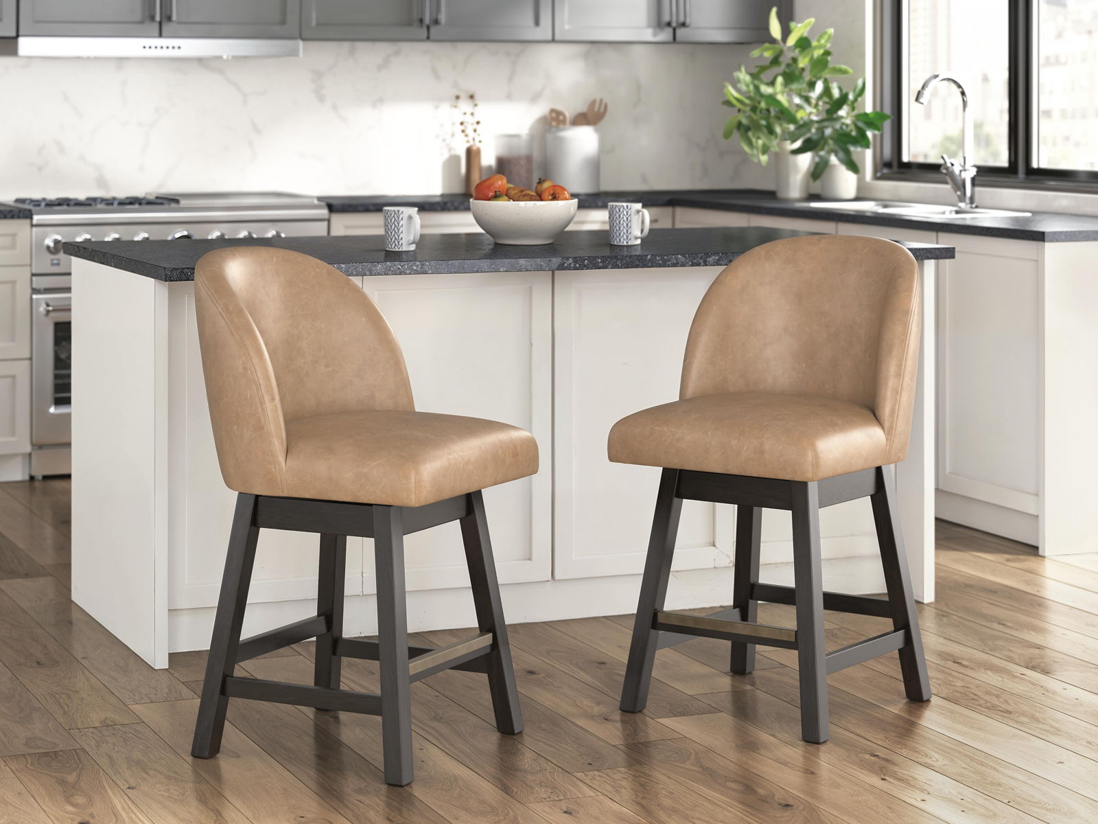 Neymorton - Upholstered Swivel Faux Leather Barstool (Set of 2) - Dark Grayish Brown - Image 4
