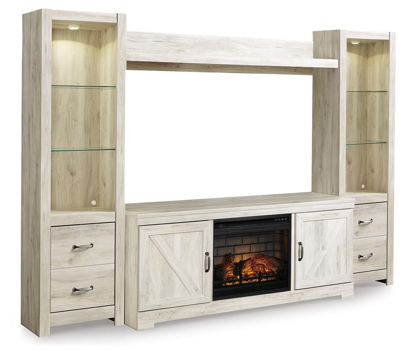 Bellaby - Entertainment Center - TV Stand With Faux Firebrick Fireplace Insert - Whitewash