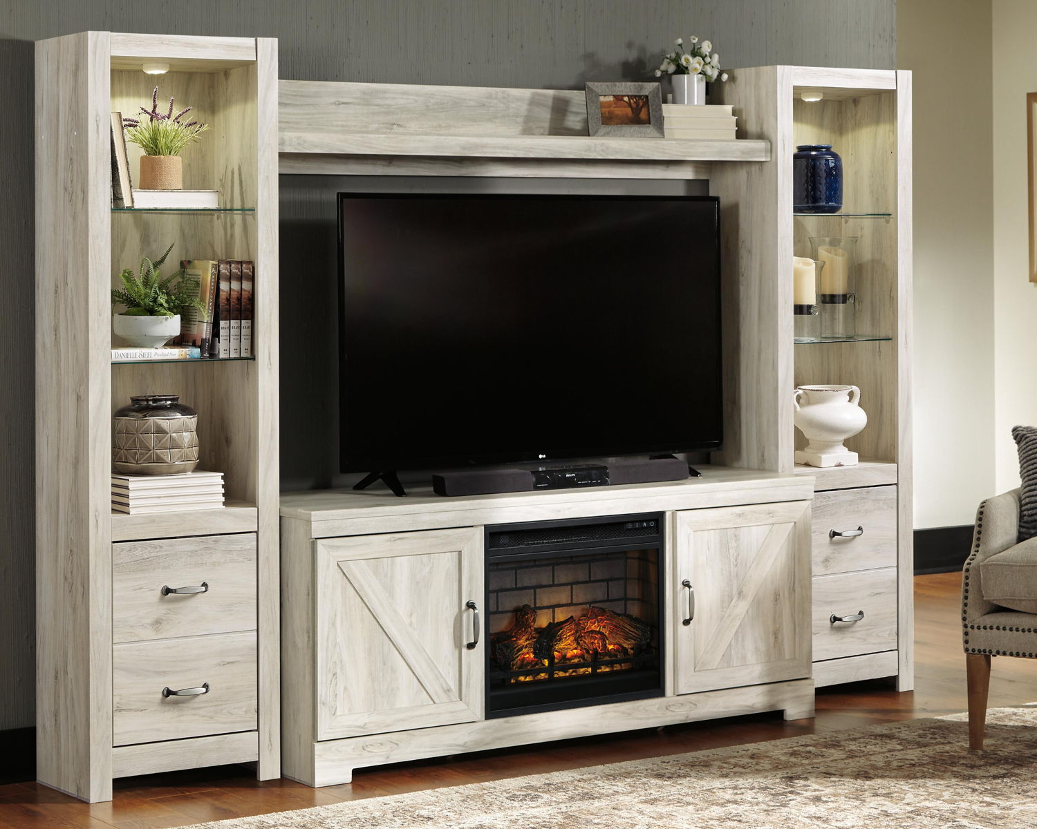 Bellaby - Entertainment Center - TV Stand With Faux Firebrick Fireplace Insert - Whitewash - Image 4