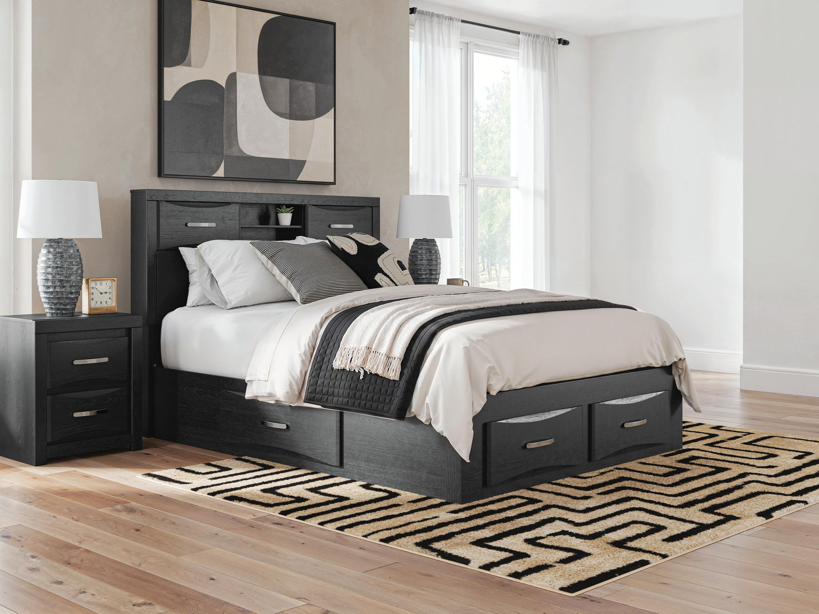Stabotta - Queen Bookcase Bed With Storage Footboard And 2 Under Bed Storage Units - Black - Image 2