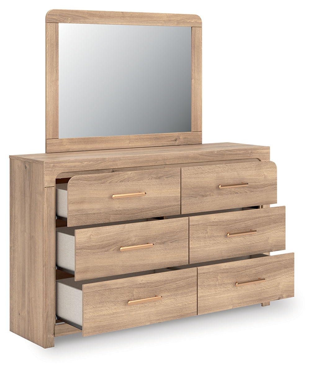 Kinlanni - 3 Pc. - Queen Upholstered Panel Bed With Roll Slats, Dresser And Mirror - Tan - Image 2